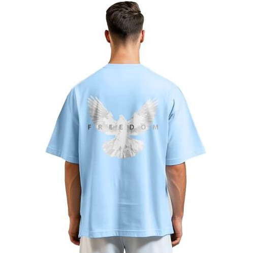 Nobero Men's Graphic Printed Oversized Fit T-Shirt (1M-Twrt-C0832-Mn_Powder Blue