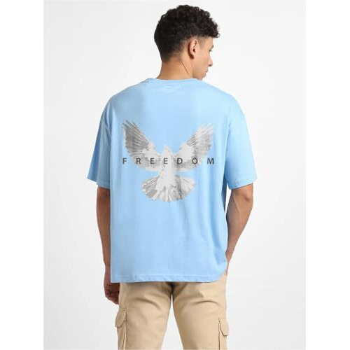 Nobero Men's Graphic Printed Oversized Fit T-Shirt (1M-Twrt-C0832-Mn_Powder Blue