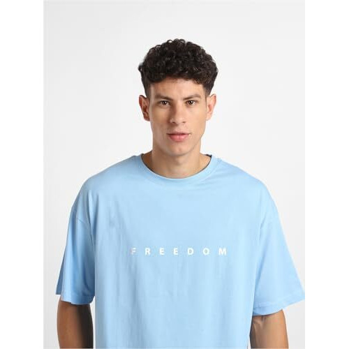 Nobero Men's Graphic Printed Oversized Fit T-Shirt (1M-Twrt-C0832-Mn_Powder Blue