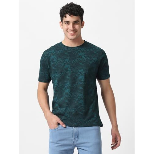Urbano Fashion Men's Dark Green Printed Slim Fit Cotton T-Shirt (Aopleafhalf-Drgreen-M)