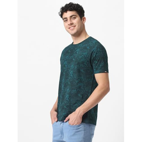 Urbano Fashion Men's Dark Green Printed Slim Fit Cotton T-Shirt (Aopleafhalf-Drgreen-M)