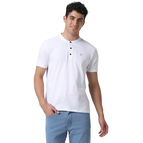 Urbano Fashion Men's White Solid Mandarin Collar Slim Fit Cotton T-Shirt (Mandplctee-White-M)