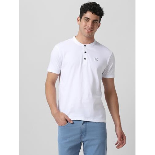 Urbano Fashion Men's White Solid Mandarin Collar Slim Fit Cotton T-Shirt (Mandplctee-White-M)