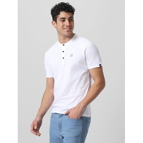 Urbano Fashion Men's White Solid Mandarin Collar Slim Fit Cotton T-Shirt (Mandplctee-White-M)