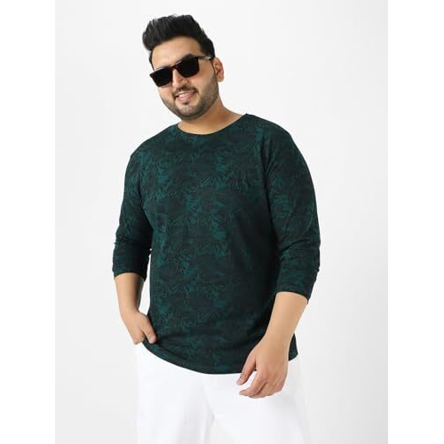 Urbano Plus Men's Dark Green Printed Full Sleeve Regular Fit Cotton T-Shirt (Plusaopleaffullp-Drgreen-5Xl)
