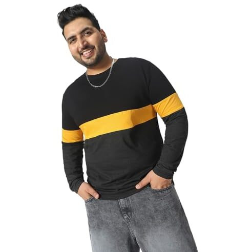 Urbano Plus Men's Black, Yellow, Charcoal Grey Color-Block Regular Fit Full Sleeve Cotton T-Shirt (Pluscnsp-Rnd-Blayel-5Xl)