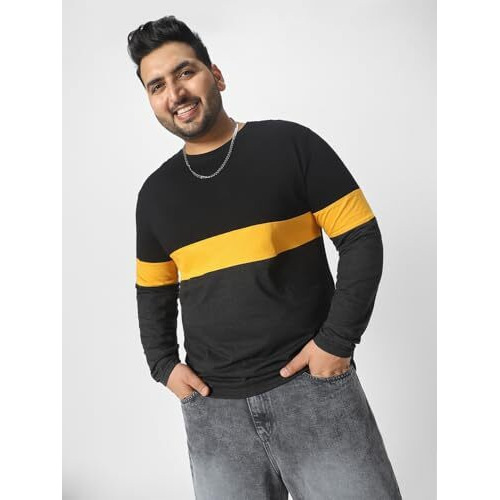 Urbano Plus Men's Black, Yellow, Charcoal Grey Color-Block Regular Fit Full Sleeve Cotton T-Shirt (Pluscnsp-Rnd-Blayel-5Xl)