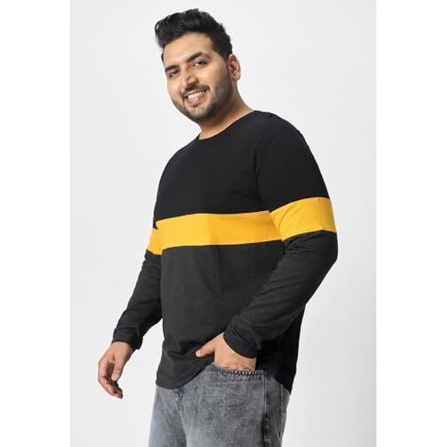 Urbano Plus Men's Black, Yellow, Charcoal Grey Color-Block Regular Fit Full Sleeve Cotton T-Shirt (Pluscnsp-Rnd-Blayel-5Xl)