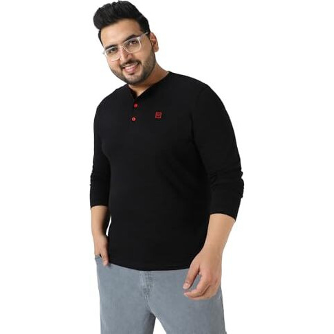 Urbano Plus Men's Black Solid Henley Neck Regular Fit Full Sleeve Cotton T-Shirt (Plushenteep-Full-Black-4Xl)