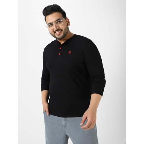 Urbano Plus Men's Black Solid Henley Neck Regular Fit Full Sleeve Cotton T-Shirt (Plushenteep-Full-Black-4Xl)