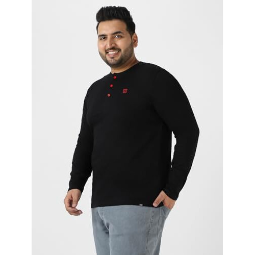 Urbano Plus Men's Black Solid Henley Neck Regular Fit Full Sleeve Cotton T-Shirt (Plushenteep-Full-Black-4Xl)