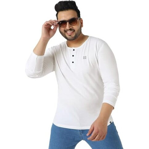 Urbano Plus Men's White Solid Henley Neck Regular Fit Full Sleeve Cotton T-Shirt (Plushenteep-Full-White-5Xl)