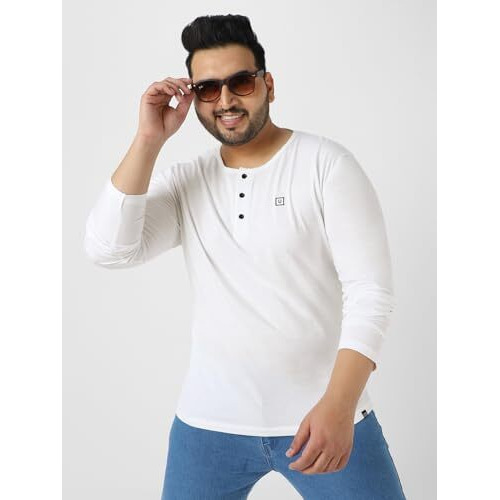 Urbano Plus Men's White Solid Henley Neck Regular Fit Full Sleeve Cotton T-Shirt (Plushenteep-Full-White-5Xl)