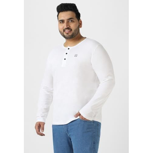 Urbano Plus Men's White Solid Henley Neck Regular Fit Full Sleeve Cotton T-Shirt (Plushenteep-Full-White-5Xl)