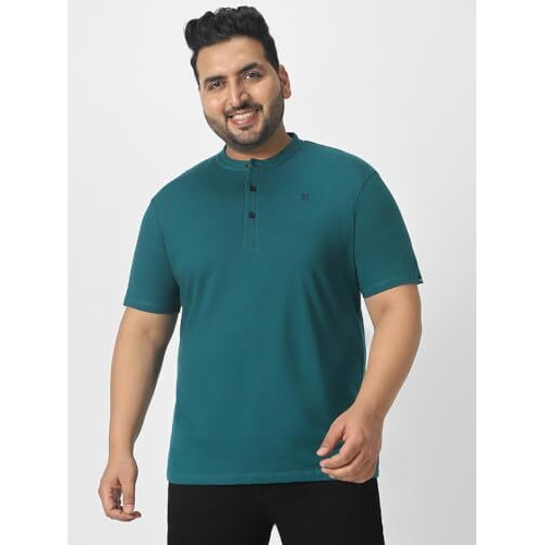Urbano Plus Men's Dark Green Solid Mandarin Collar Regular Fit Cotton T-Shirt (Plusmandplcteep-Drgreen-5Xl)