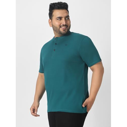 Urbano Plus Men's Dark Green Solid Mandarin Collar Regular Fit Cotton T-Shirt (Plusmandplcteep-Drgreen-5Xl)