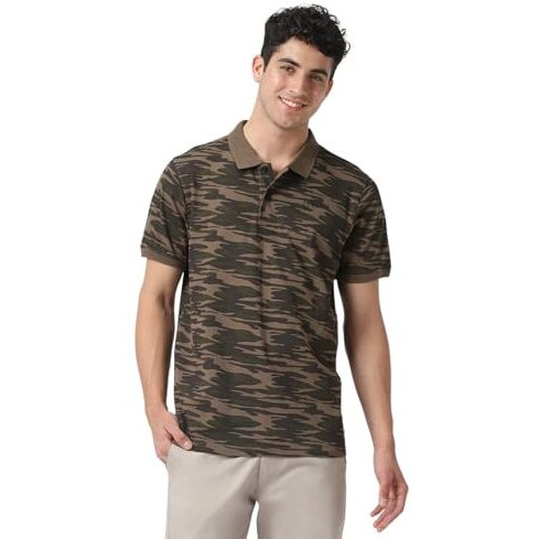 Urbano Fashion Men's Green Military Camouflage Printed Slim Fit Cotton Polo T-Shirt (Polo-Camo-Grndgrn-L)