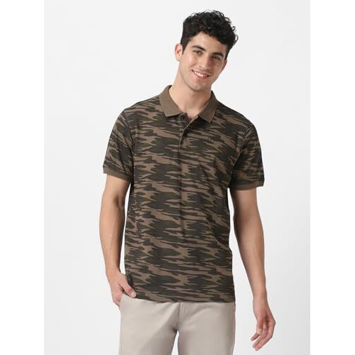 Urbano Fashion Men's Green Military Camouflage Printed Slim Fit Cotton Polo T-Shirt (Polo-Camo-Grndgrn-L)