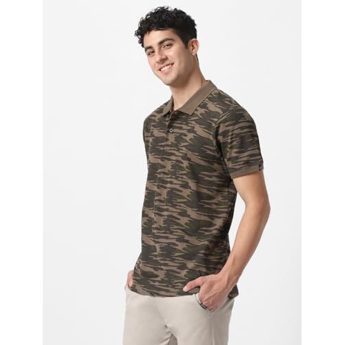 Urbano Fashion Men's Green Military Camouflage Printed Slim Fit Cotton Polo T-Shirt (Polo-Camo-Grndgrn-L)