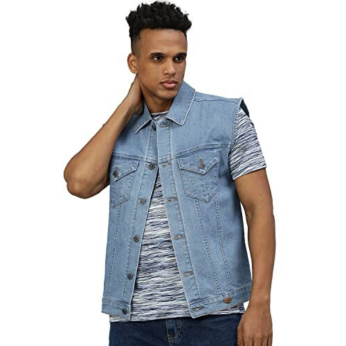 Urbano Fashion Men's Light Blue Regular Fit Washed Sleeveless Denim Jacket (Jakt-Denimslvless-Lblue-M)