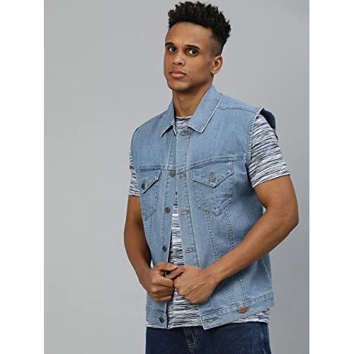 Urbano Fashion Men's Light Blue Regular Fit Washed Sleeveless Denim Jacket (Jakt-Denimslvless-Lblue-M)