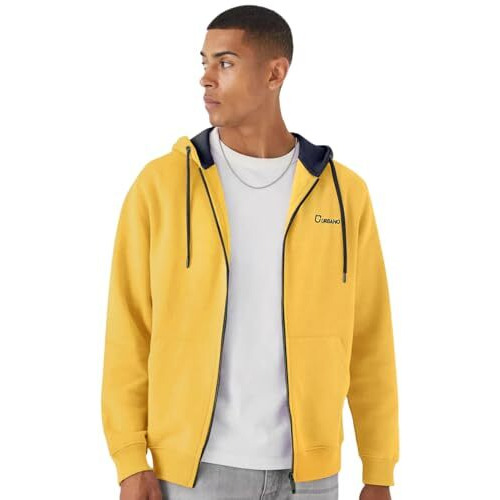 Urbano Fashion Men's Yellow, Navy Cotton Zippered Hooded Sweatshirt (Jakt-Solconhd-Yellownav-Xl)