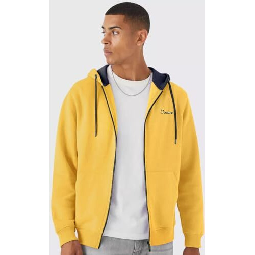 Urbano Fashion Men's Yellow, Navy Cotton Zippered Hooded Sweatshirt (Jakt-Solconhd-Yellownav-Xl)