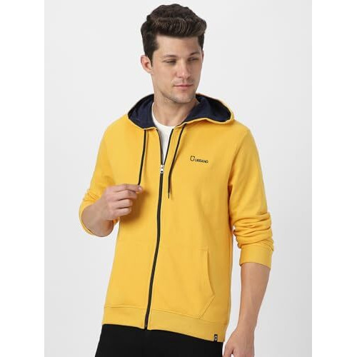 Urbano Fashion Men's Yellow, Navy Cotton Zippered Hooded Sweatshirt (Jakt-Solconhd-Yellownav-Xl)