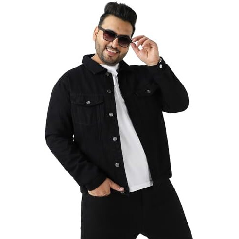 Urbano Plus Men's Black Regular Fit Washed Full Sleeve Denim Jacket (Plusjaktp-Denim-Black-5Xl)