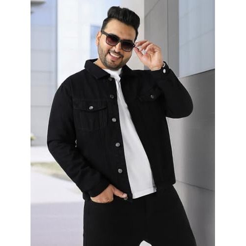 Urbano Plus Men's Black Regular Fit Washed Full Sleeve Denim Jacket (Plusjaktp-Denim-Black-5Xl)