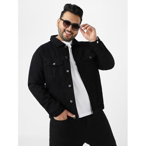 Urbano Plus Men's Black Regular Fit Washed Full Sleeve Denim Jacket (Plusjaktp-Denim-Black-5Xl)