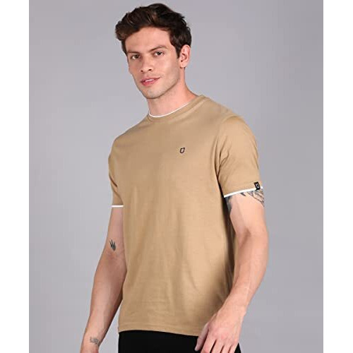 Urbano Fashion Men's Solid Khaki Round Neck Half Sleeve Slim Fit Cotton T-Shirt (Solt22-045-Khaki-M)