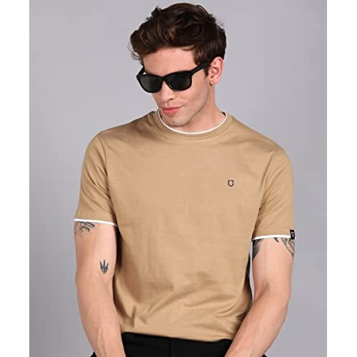 Urbano Fashion Men's Solid Khaki Round Neck Half Sleeve Slim Fit Cotton T-Shirt (Solt22-045-Khaki-M)