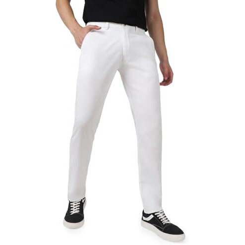 Urbano Fashion Men's White Cotton Light Weight Non-Stretch Slim Fit Casual Trousers (Epnchino-29-White-32)