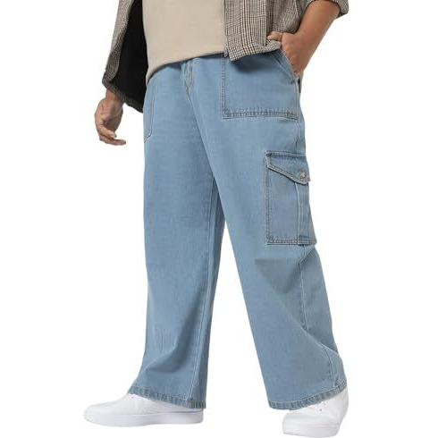 Urbano Plus Men's Ice Blue Loose Baggy Fit Cargo Jeans With 6 Pockets Non-Stretchable (Plusjeanlscargop-Iceblue-42)