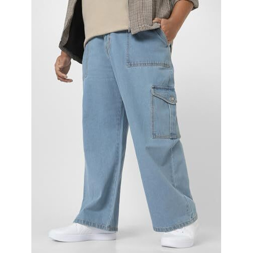 Urbano Plus Men's Ice Blue Loose Baggy Fit Cargo Jeans With 6 Pockets Non-Stretchable (Plusjeanlscargop-Iceblue-42)