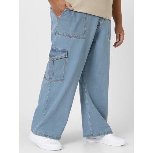 Urbano Plus Men's Ice Blue Loose Baggy Fit Cargo Jeans With 6 Pockets Non-Stretchable (Plusjeanlscargop-Iceblue-42)