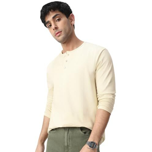 Urbano Fashion Men's Cloud Cream Solid Henley Neck Slim Fit Full Sleeve Cotton T-Shirt (Hentee-Full-Cream-M)