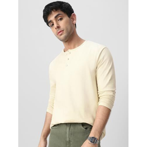 Urbano Fashion Men's Cloud Cream Solid Henley Neck Slim Fit Full Sleeve Cotton T-Shirt (Hentee-Full-Cream-M)
