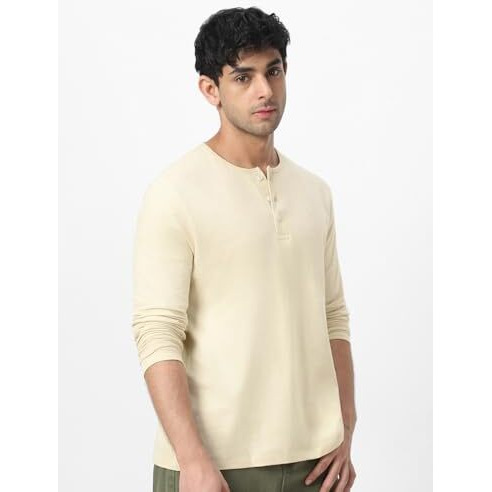 Urbano Fashion Men's Cloud Cream Solid Henley Neck Slim Fit Full Sleeve Cotton T-Shirt (Hentee-Full-Cream-M)