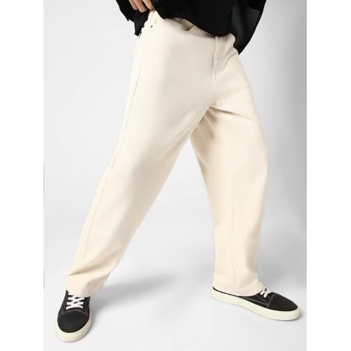 Urbano Fashion Men's Off White Loose Baggy Fit Washed Jeans Non-Stretchable (Jeanloose-02-Ecru-30)