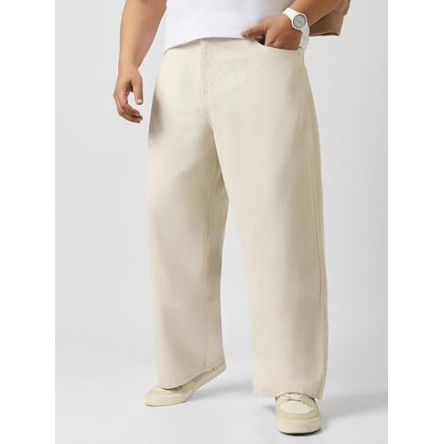 Urbano Plus Men's Off White Loose Baggy Fit Washed Jeans Non-Stretchable (Plusjeanloosep-02-Ecru-44)