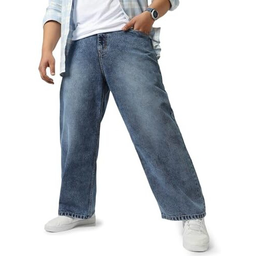 Urbano Plus Men's Blue Loose Baggy Fit Washed Jeans Non-Stretchable (Plusjeanlstowlp-Mblue-40)