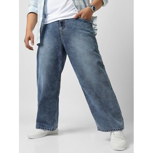 Urbano Plus Men's Blue Loose Baggy Fit Washed Jeans Non-Stretchable (Plusjeanlstowlp-Mblue-40)