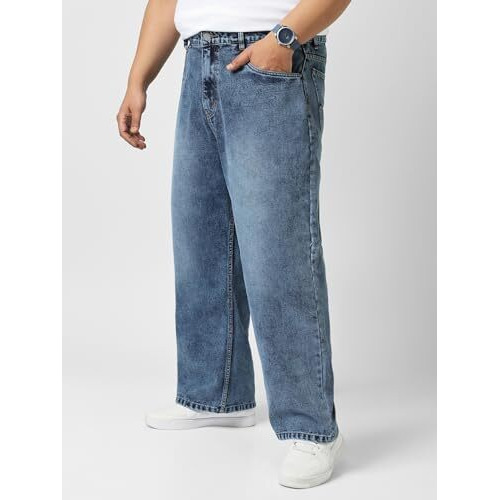 Urbano Plus Men's Blue Loose Baggy Fit Washed Jeans Non-Stretchable (Plusjeanlstowlp-Mblue-40)