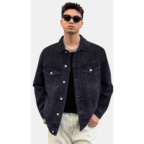 Urbano Fashion Men's Black Regular Fit Washed Full Sleeve Denim Jacket (Jakt-Denimball-Black-L)