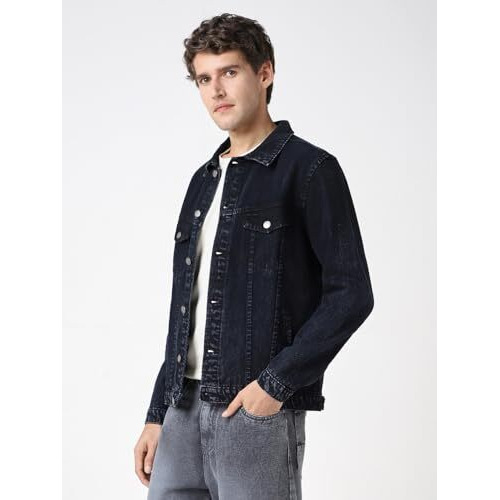 Urbano Fashion Men's Black Regular Fit Washed Full Sleeve Denim Jacket (Jakt-Denimball-Black-L)