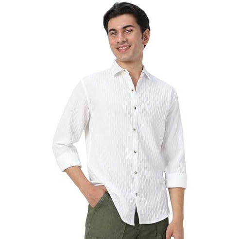 Urbano Fashion Men's White Cotton Full Sleeve Regular Fit Textured Shirt With Spread Collar (Shirtsmocregfs-06-White-L)