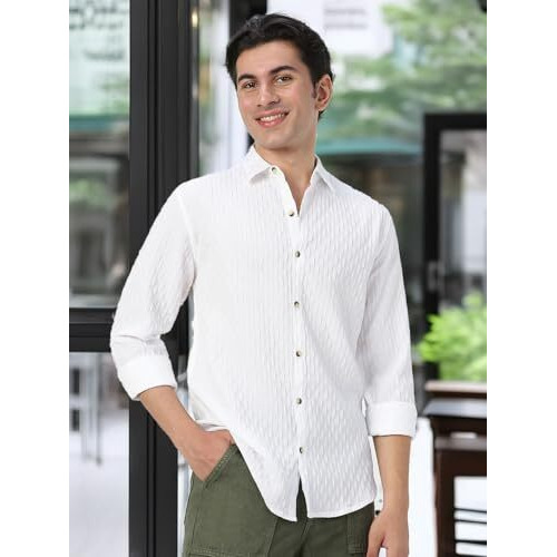 Urbano Fashion Men's White Cotton Full Sleeve Regular Fit Textured Shirt With Spread Collar (Shirtsmocregfs-06-White-L)