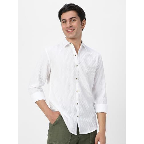 Urbano Fashion Men's White Cotton Full Sleeve Regular Fit Textured Shirt With Spread Collar (Shirtsmocregfs-06-White-L)